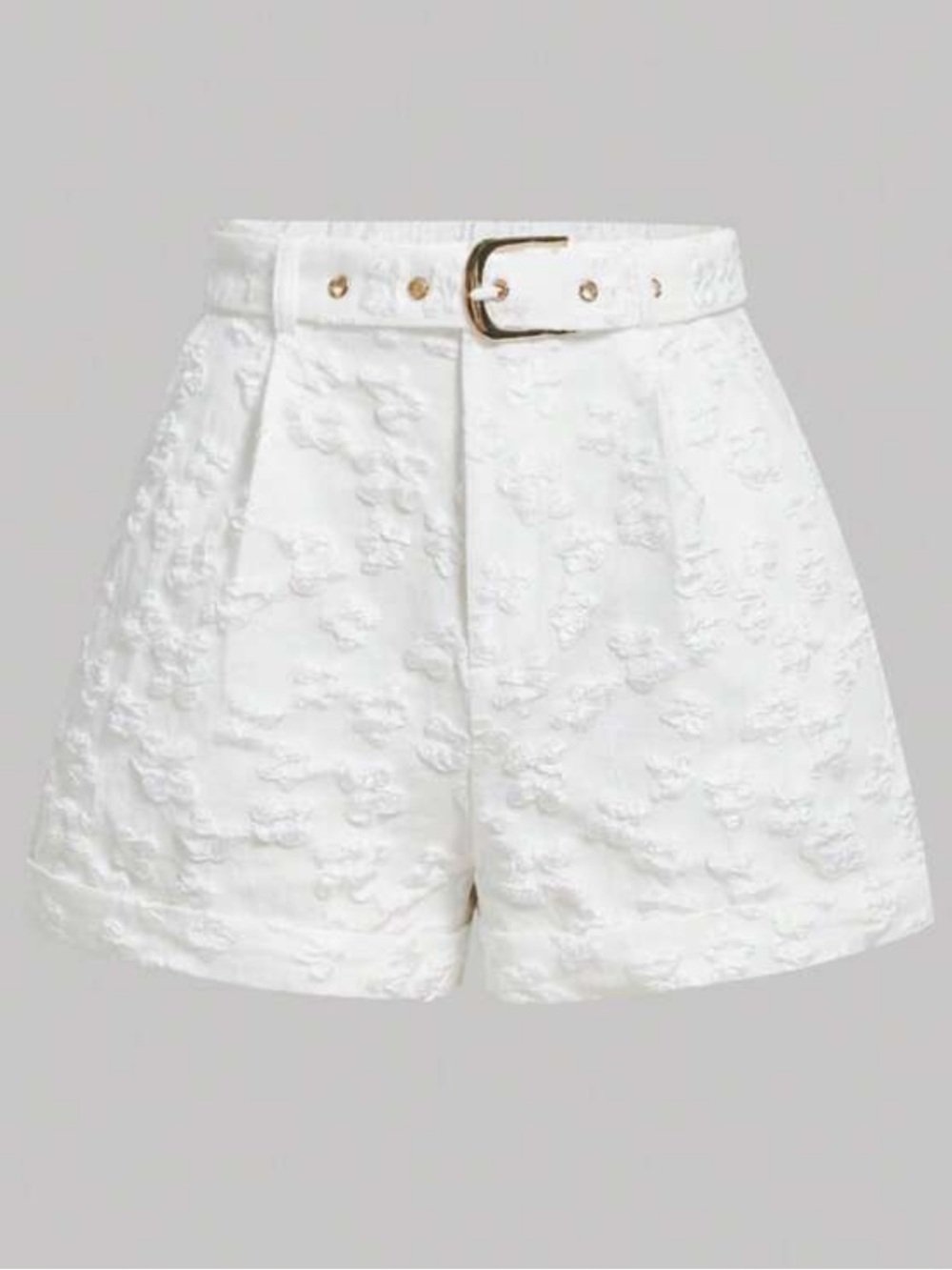 High-Waist White Textured Belted Shorts